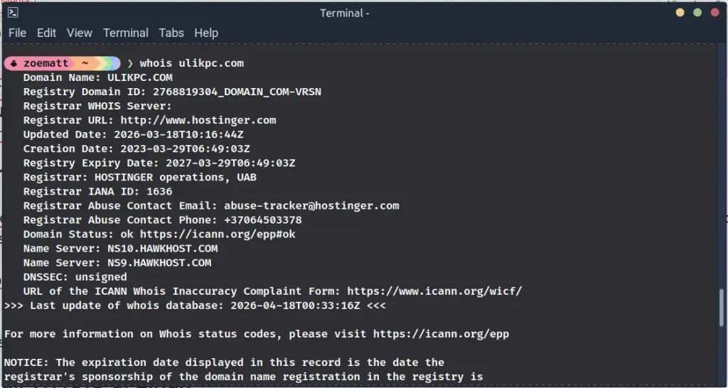 cek who is domain di Linux